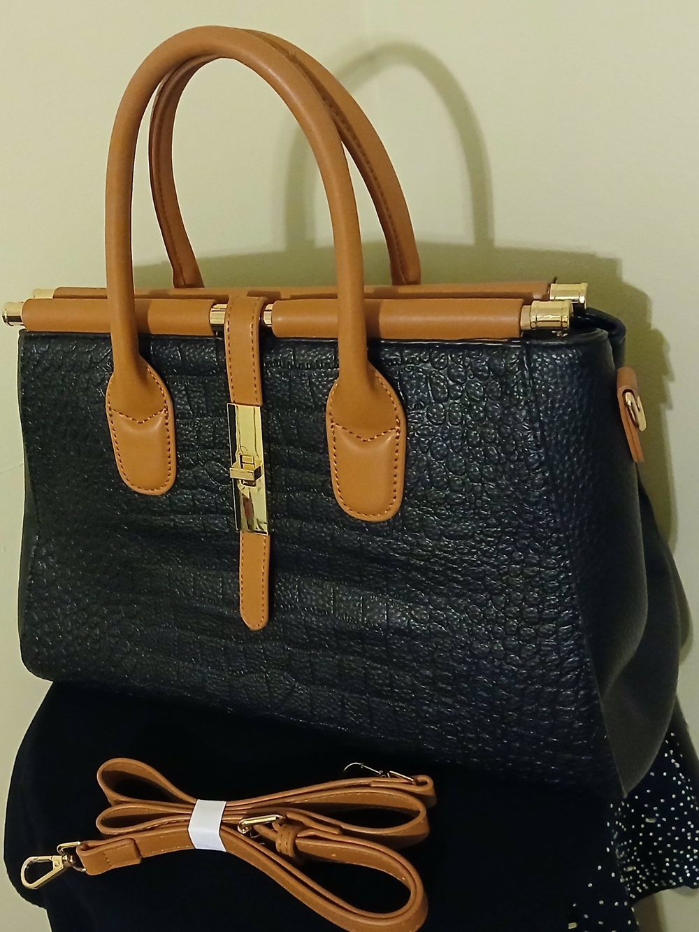 Structured Black & Tan Satchel Handbag